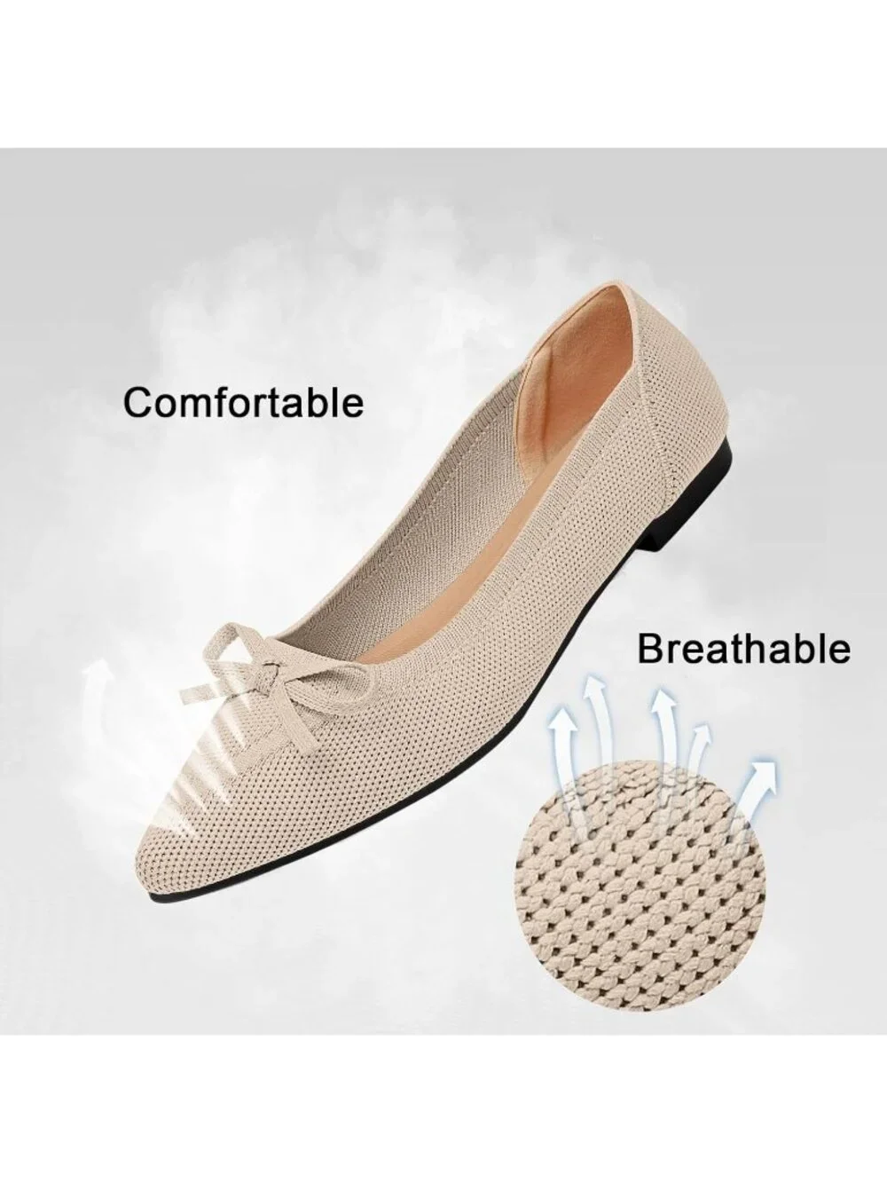Women's Beige Flats Pointed Toe Bow Knit Ballet Shoes Comfortable Dressy Mesh
